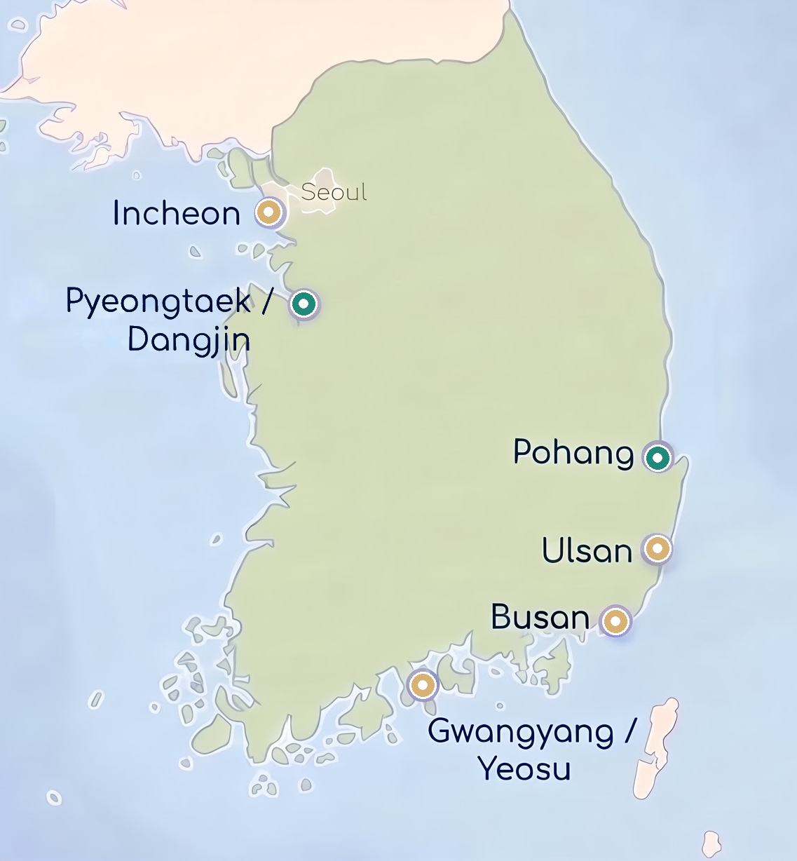 Korean ports: Incheon, Pyeongtaek/Dangjin, Pohang, Ulsan, Busan and Gwangyang/Yeosu