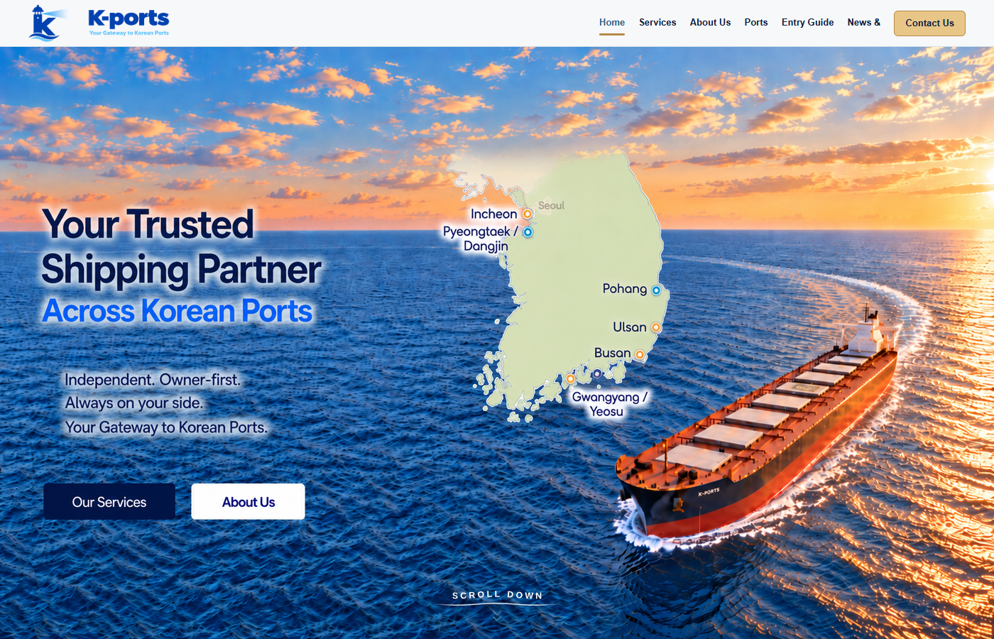 Independent. Owner-first. Always on your side. Your Gateway to Korean Ports. A ship at sea beside the six Korean ports map.